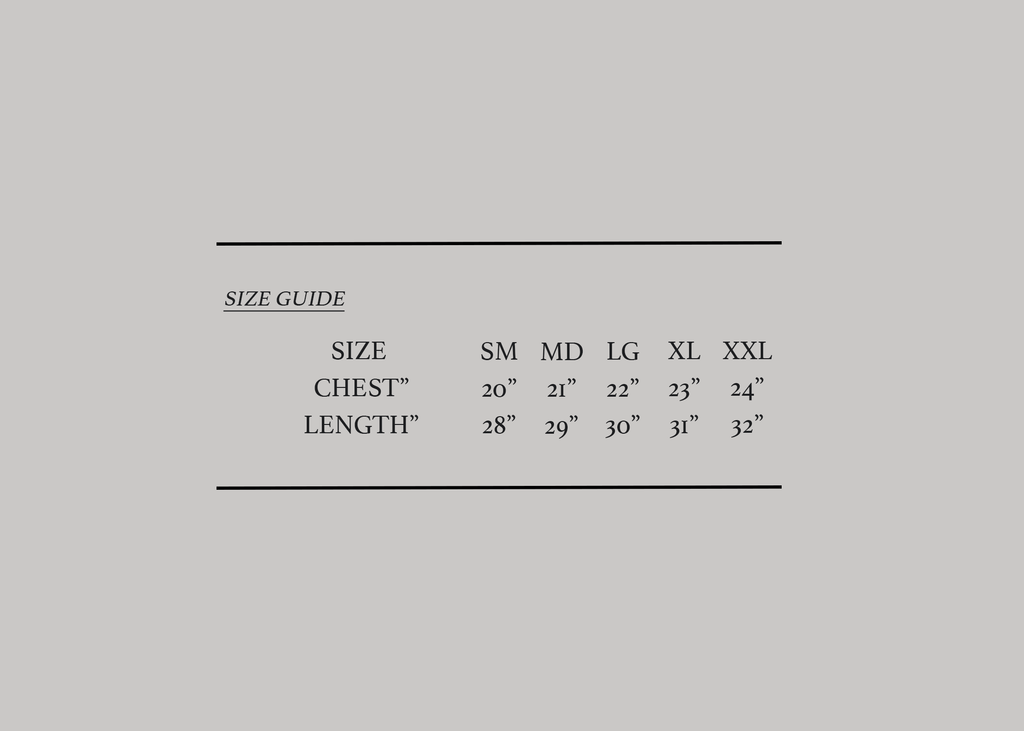 Size guide chart for clothing on a gray background