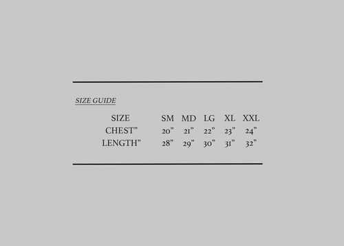 Size guide chart for clothing on a gray background